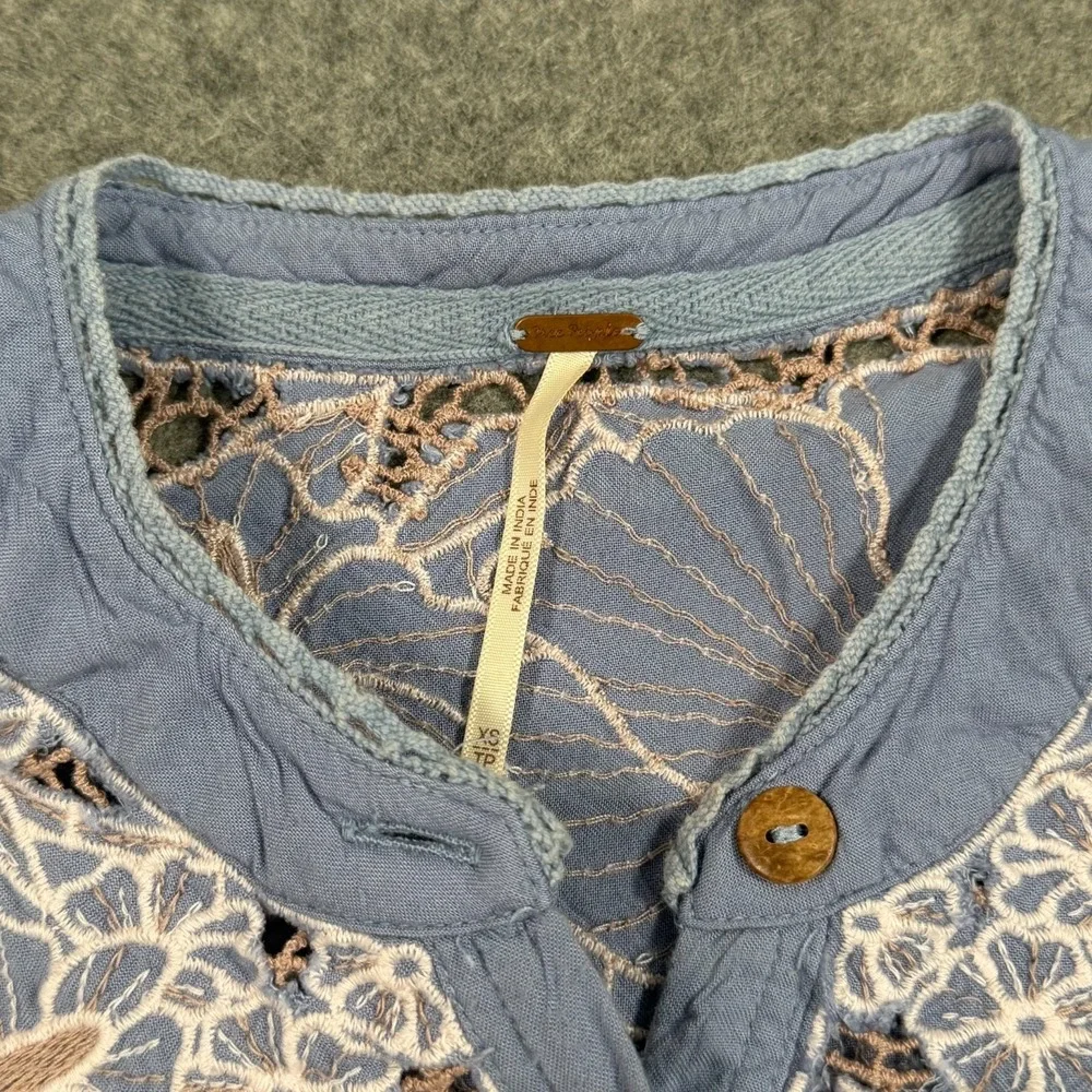 Free People Just Dusk Blue Easy Breezy Henley Lace Blouse Women's Size XS
